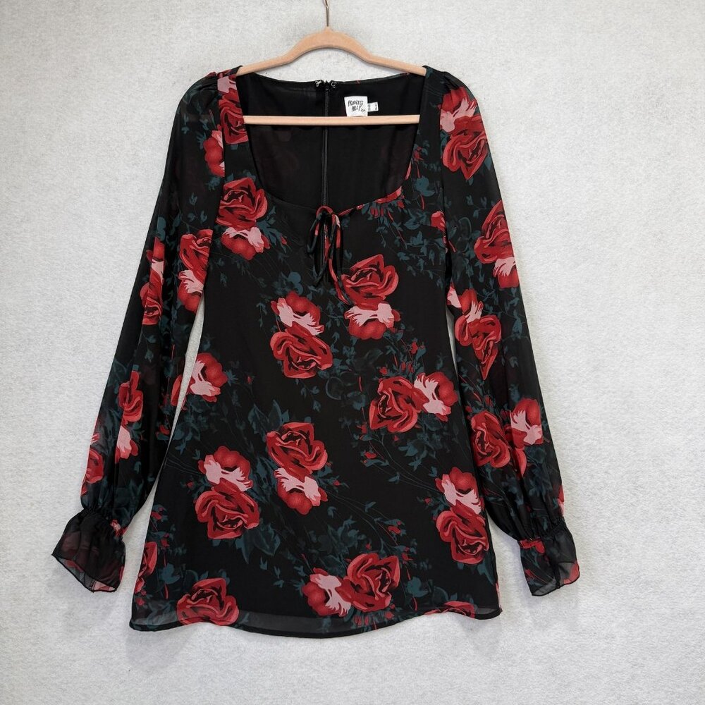 Princess Polly Dress Womens 6 Black Floral Long Sleeve Square Neck Chiffon Mini